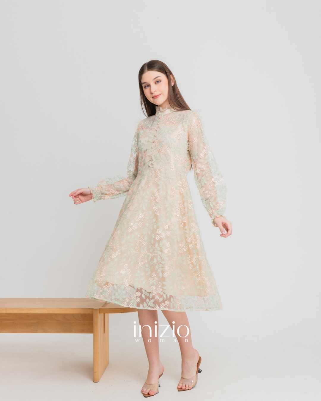 Poppins Floral Lace Cream-Green dress