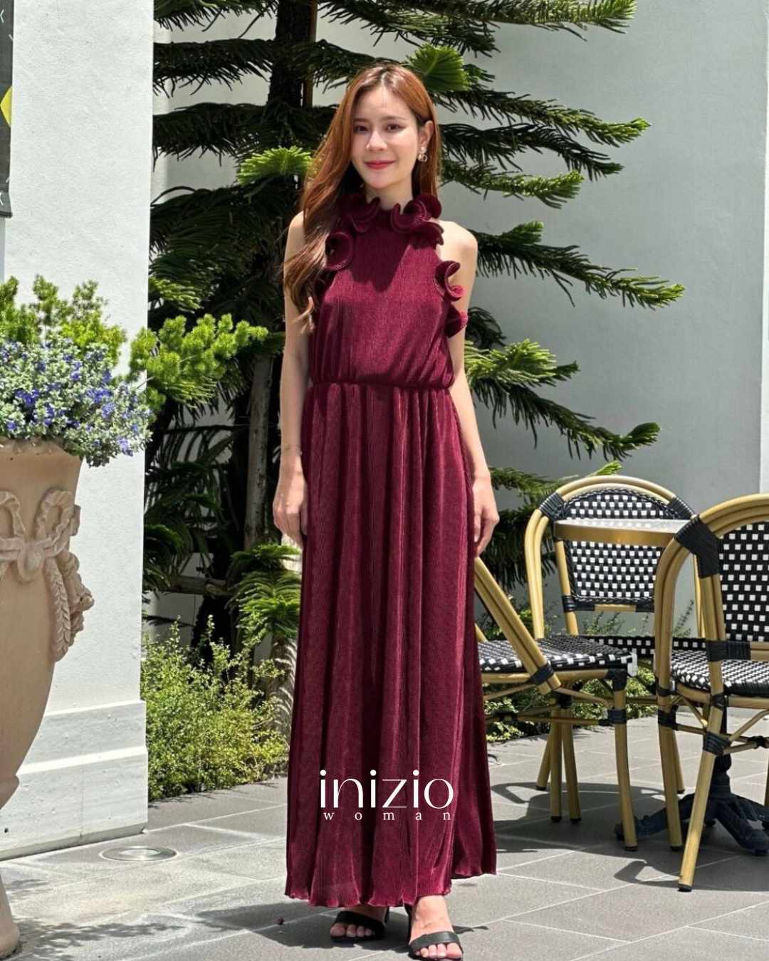 Dore Pleats dress in Maroon